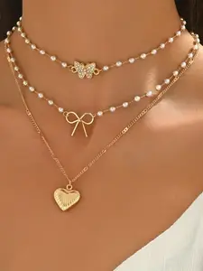 3-Piece Fashion Jewelry Set, Includes Bow Necklace, Butterfly Bone Chain, Heart Pendant, Perfect for Daily Use, Photography, Shopping, Dates, Love Heart Necklace, Multilayer Necklace