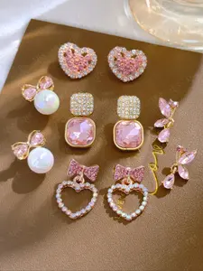 Women's Elegant Rhinestone & Faux Pearl Decor Heart Shape Earrings Set, Cute Heart & Bow Design Earrings, Fashion Jewelry for Party, Daily Decor, Trendy All-match & Exquisite Jewelry for Gift, High Quality Earrings