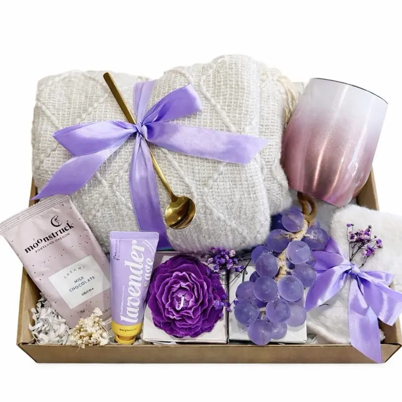 Taniri Luxury Women's Blush Pink-Champagne-Lavender Themed Home Supplies Gift Box - Ready to Gift, Fully Assembled Self-Care Set with Blanket, Tumbler for Birthday, Anniversary, Get Well Soon, Thank You