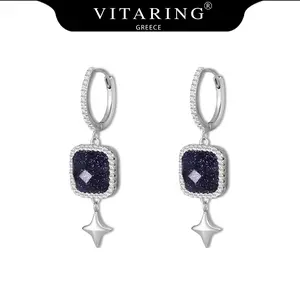 VITARING Black Star Earrings for Women, Rhodium Plated with Obsidian & Cubic Zirconia, Designer Studs, Luxury Birthday Gift