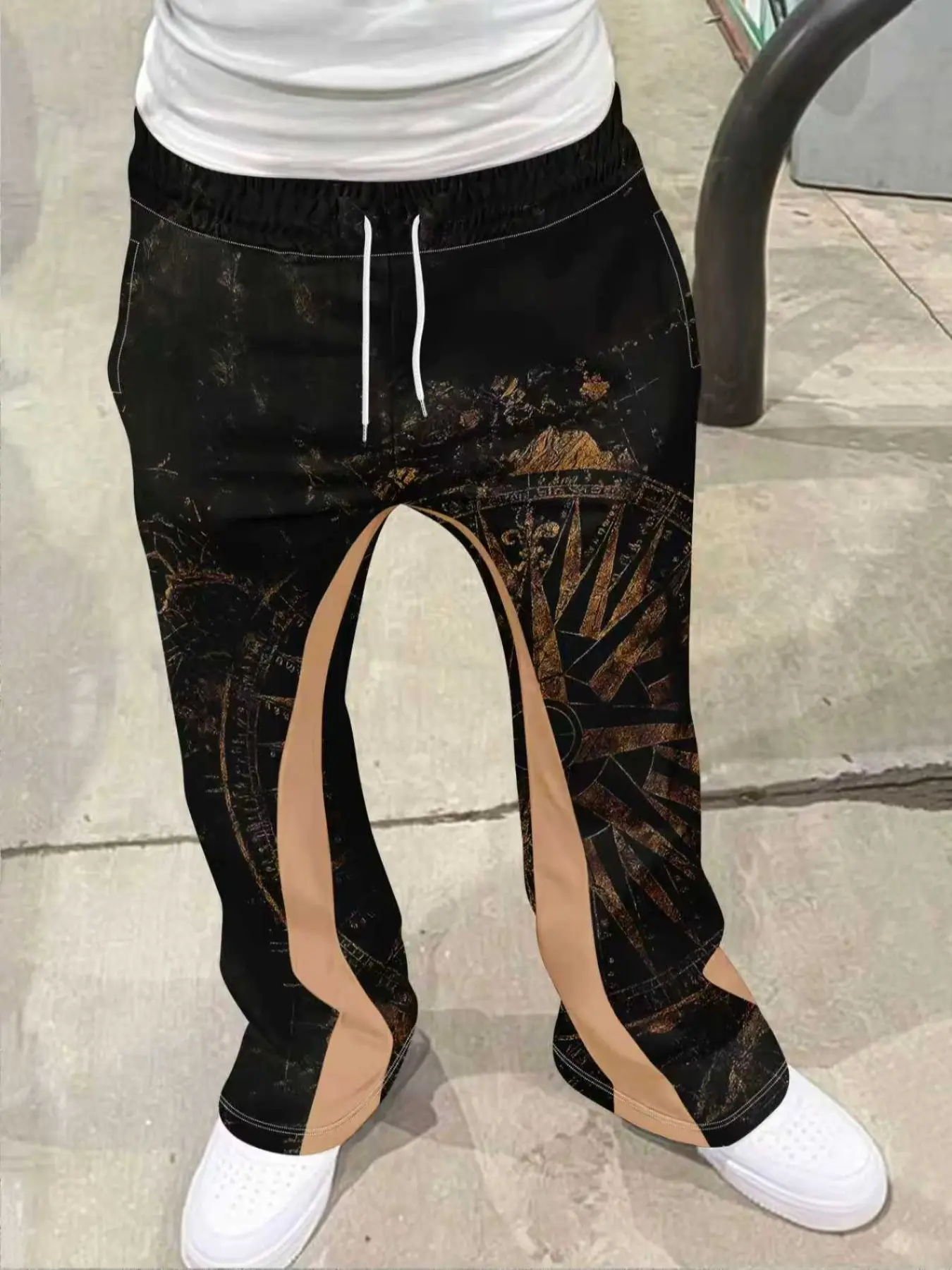 Men's Loose Fit 3D Print Bell Bottom Pants, Casual Flare Leg, Casual Fashion Pants, Casual Sporty Streetwear, Vintage Style Micro Flare Long Pants for All Seasons, All Seasons Trousers