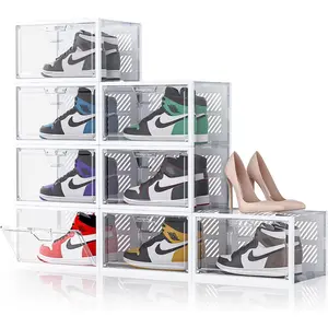 XX-Large Display Shoe Storage Box, 8 Pack Clear Plastic Stackable Shoe Organizer Containers for Closet, Space Saving Shoe Storage Organizer, Foldable Shoe Rack with Lids, White