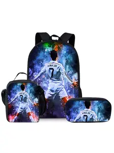 Football Player Pattern Printed 17-inch Backpack Three-piece Set (Single-layer Backpack + Shoulder Strap Lunch Bag + Single-layer Pencil Bag) Casual Printed Backpack