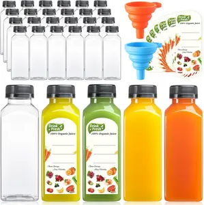 24 PACK, 12 OZ Reusable Plastic Juice Bottles with Caps, plus 24 Labels & 2 Silicone Funnels - Clear Juicing Bottles for Juice, Smoothies, Ginger, Tea, Coffee - Food Grade & Leakproof Travel Bottles AOZITA