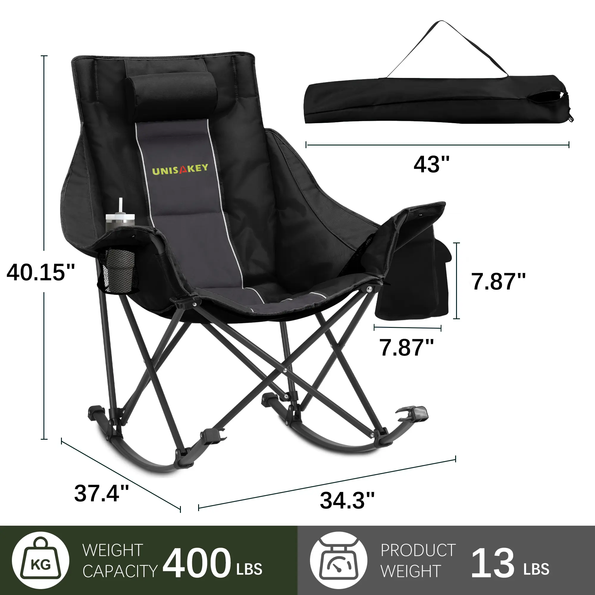 DRAGOSUM Oversized Moon Rocking Chair, Foldable 600D Oxford Fabric Camping Lounge with Padded Headrest & Cup Holder, Supports 400 lbs for Outdoor Relaxation, Foldable Frame, Large Size, Moon Shape, Supports 400Lbs, Wide Seat