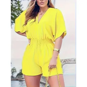 For Spring & Summer, Solid V Neck Elegant Romper, Short Sleeve Shirred Waist Jumpsuit, Women's Clothing