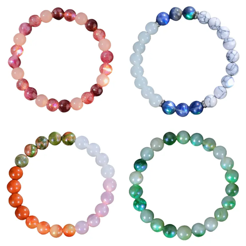 Unisex 4-Piece Rose Quartz Natural Crystal Energy Bracelets, Mix Matching Bracelets for Emotional Stabilization, Calmness, Fertility and Depression Relief, Rosequartz, Energy Bracelet