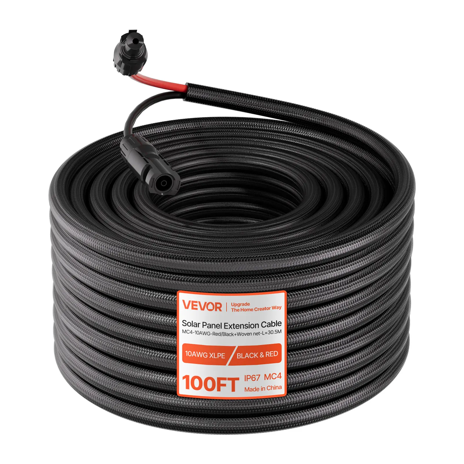 VEVOR 100FT 10 AWG Heavy Wire Solar Power Tinned Copper PV Extension Cable, Flame Retardant Sleeving, IP67 Waterproof, Sun Protection, Tool-Free MC4 Black & Red Male-Female Connectors, for Outdoor RV Use (Father's Day Gift), Water Resistant