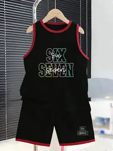 Summer Boys' Sportswear Set, Six Seven Colorblock Letter Print, Casual Cool Style, Sleeveless Vest & Short Pants Two-Piece, Comfortable Breathable
