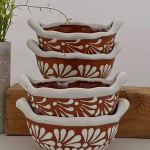 Cazuelita de Barro White Talavera Design Handmade Reusable Bowls Black Ceramic 6" Width 2" Height Lead Free Food and Drink Safe No BPA Mexican Culture Soup Bowl