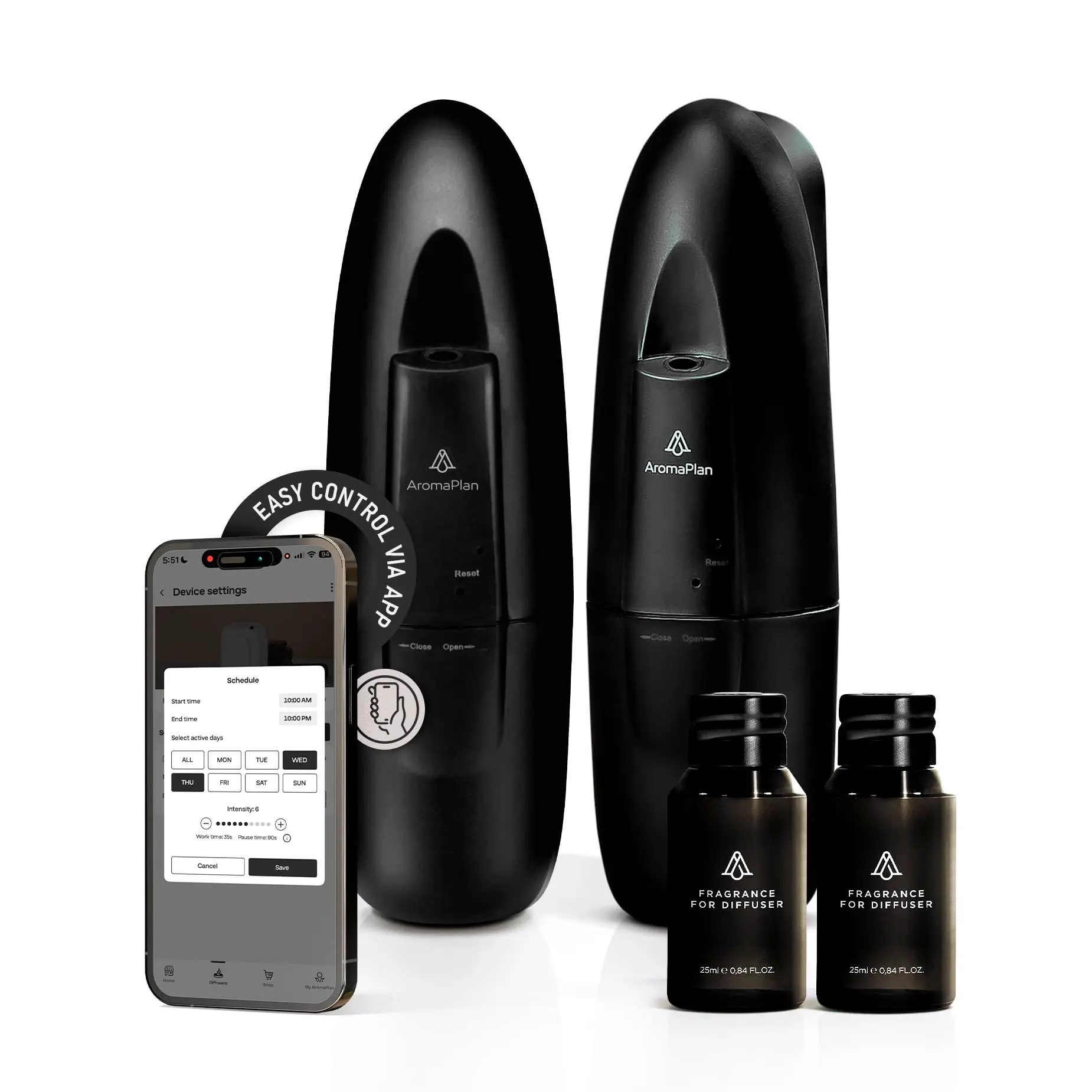 AromaPlan Black 2-Pack Waterless Scent Diffuser Kit - Bouquet Floral Rose Home Fragrance, Dubai 24 Knights Signature Aroma Samples, Smart Odor Control Plug-ins
