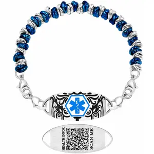 Uloveido Blue & White Circle Style Stainless Steel Medical Alert Bracelet for Women, Custom Engraved ID with QR Code, Interchangeable Plate, Double Lobster Clasp, Daily Fashion Safety Jewelry YA5541