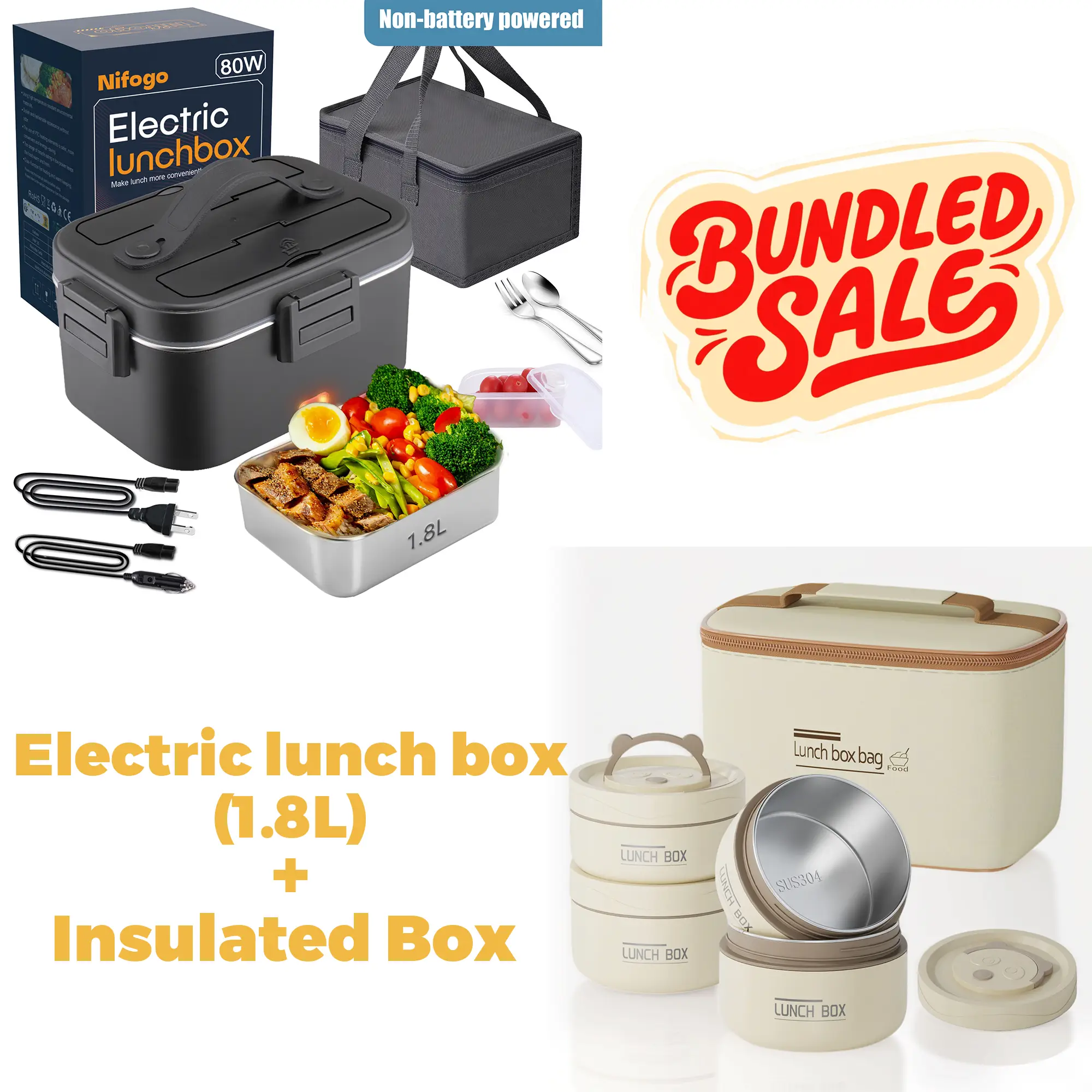 Electric Lunch Box Food Warmer Adult ,12V/24V/110v Portable Self-Heating Lunch Box for Work/Car/Truck with Fork, Spoon and Insulated Bag Tableware