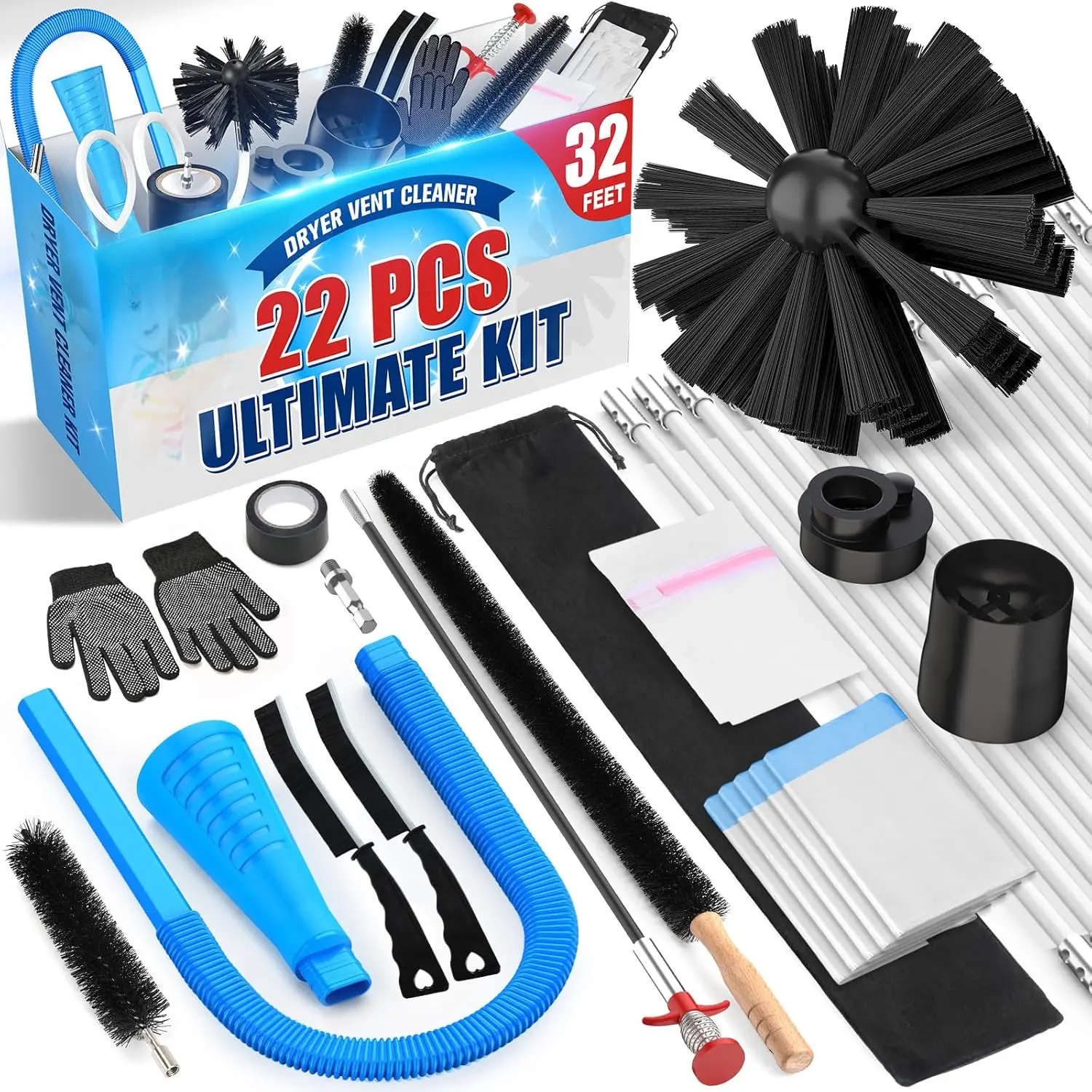 Dryer Vent Cleaner Kit - Lint Removal Vacuum Accessories with 32 Vent Brush, Flexible Lint Brush, Hose Attachment, Adapters, Synthetic, Drill or Hand Use, Fits Most Vacuums, Attachment Vacuum Accessories