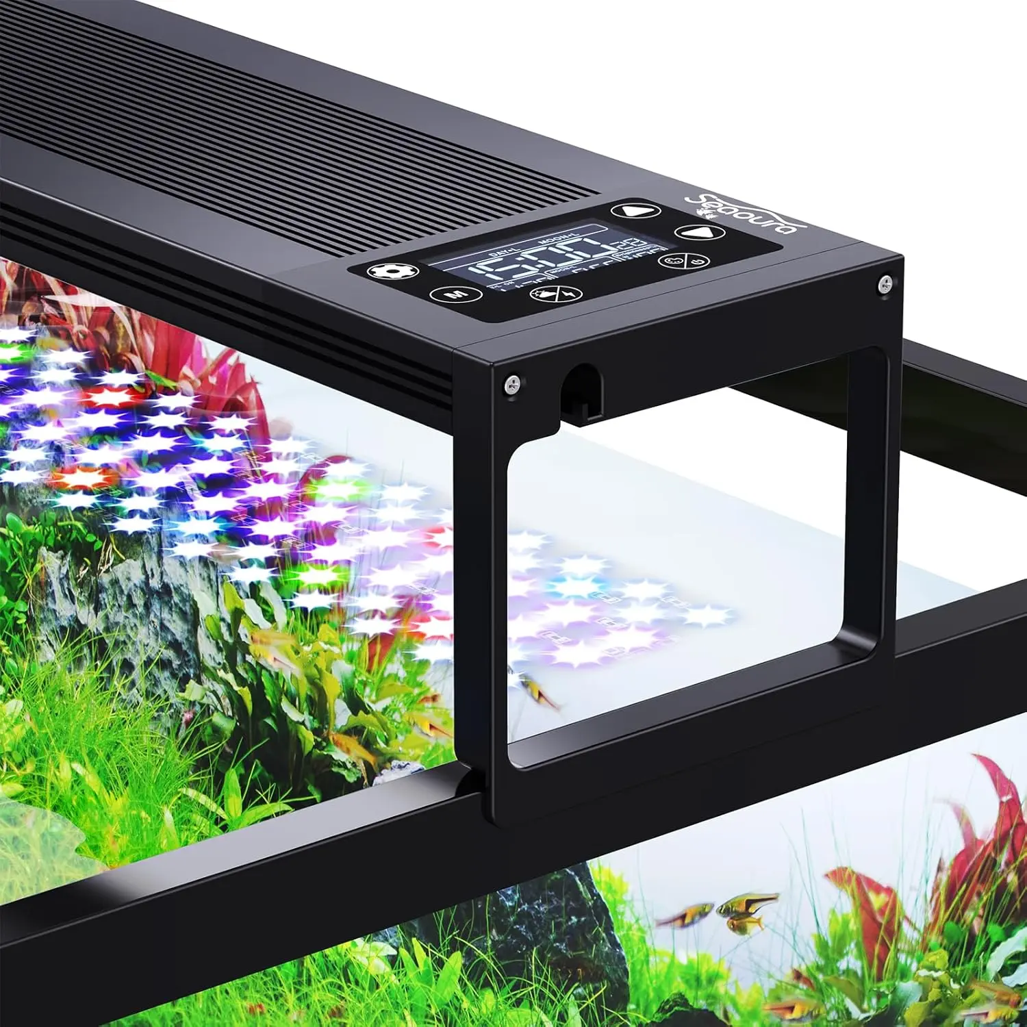 SEAOURA 84W LED Aquascaping Light - Aquarium Gear for 48-54 in Plant Fish Tanks, 20 Levels Adjustable Brightness, Auto Timer, 24/7 Auto On/Off, Daylight-Moonlight Modes, 8 DIY Segments, Sunrise/Sunset Sim, 9 Colors for Vivid Plants