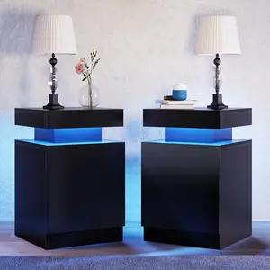 Oneinmil Nightstand Set of 2 with LED Lights Black Finish Night Stand with Storage Cabinet for Bedroom Bedside Table Soft Glow for Cozy Ambiance
