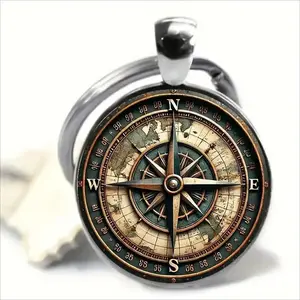 2D Flat Navigation Compass Keychain, Vintage Compass Motif Accessory with Lobster Clasp, Directional Scale & Map Theme Fashion Keychain