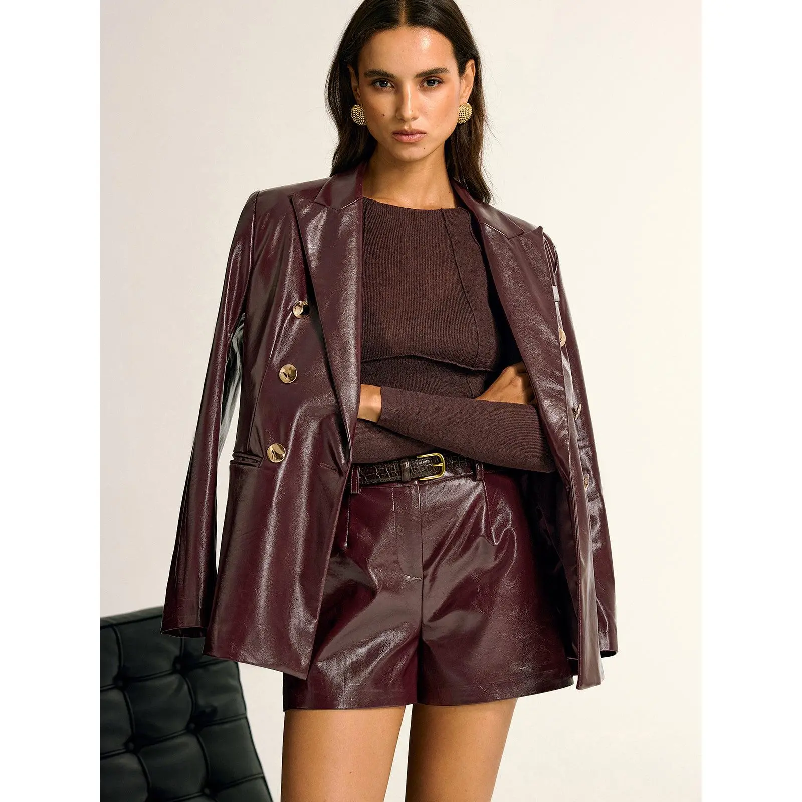 Women's PU Leather Blazer with Metal Buttons, Lapel Pocket - Corporate Attire for Women, Corporate Attire Women