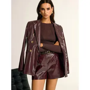 PU Leather Metal Button Lapel Pocket Blazer