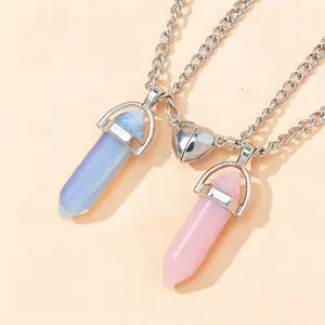 Hexagon Crystal Magnetic Matching Necklace Set for 2 Pairs BFF & Couples Stainless Steel Friendship Heart Pendant White Black & Pink Blue Best Friend Forever Jewelry Gift for Girls Couples