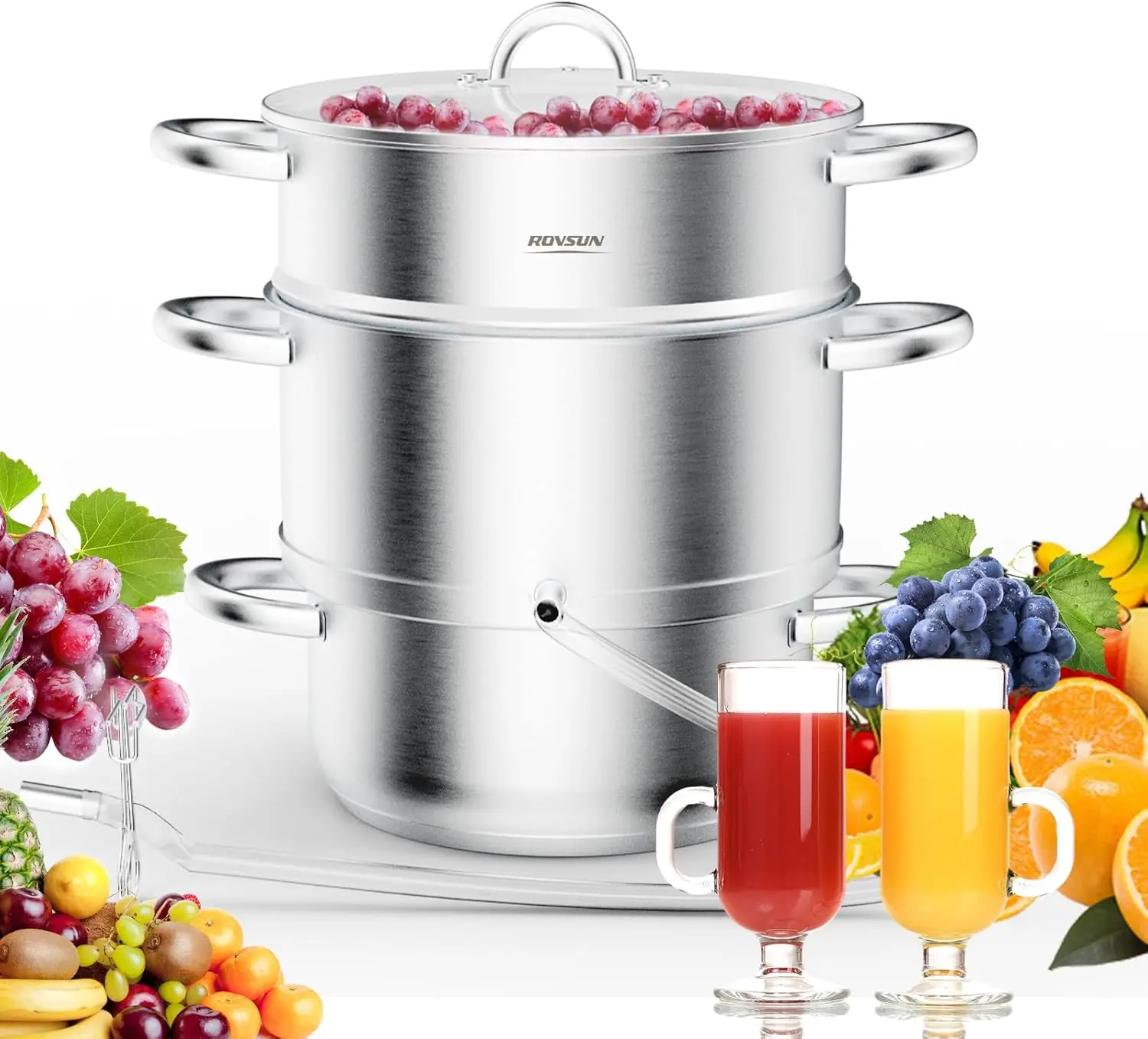 ROVSUN 5/9.3/11 Quart Juice Steamer Stainless Steel, Extractor Fruit Vegetables Juicer Steamer Pot, w/Tempered Glass Lid Clamp, Loop Handles, Ideal for Making Juice, Jelly, Pasta