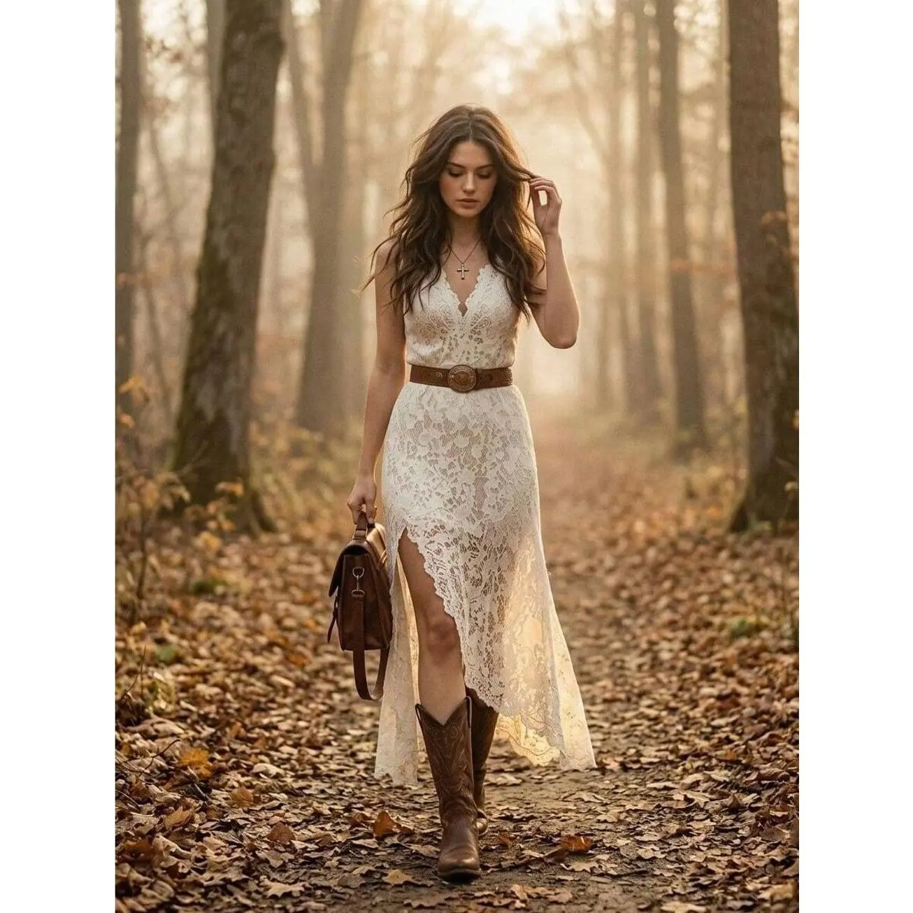 🤍 Women's White Lace Maxi Dress, V Neck Sleeveless High Slit Boho Western Dress For Weddings, Festivals And Bridal Events.