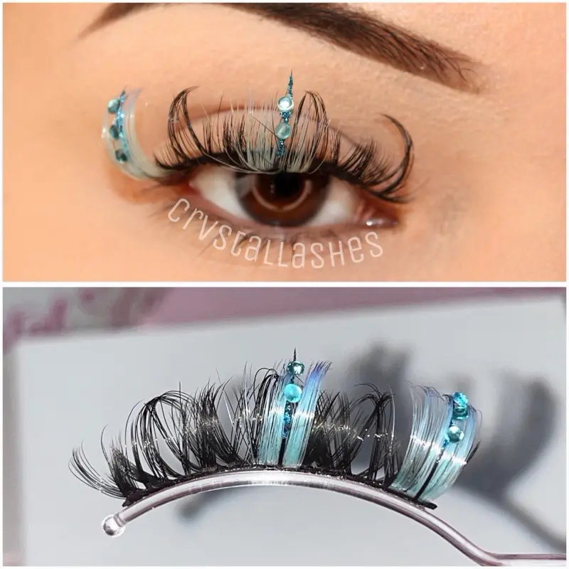 “Ice Baby” 15mm Blue Gem Glitter Lashes Wispy Reusable High Quality Faux Mink False Eyelashes Mega Thick Volume