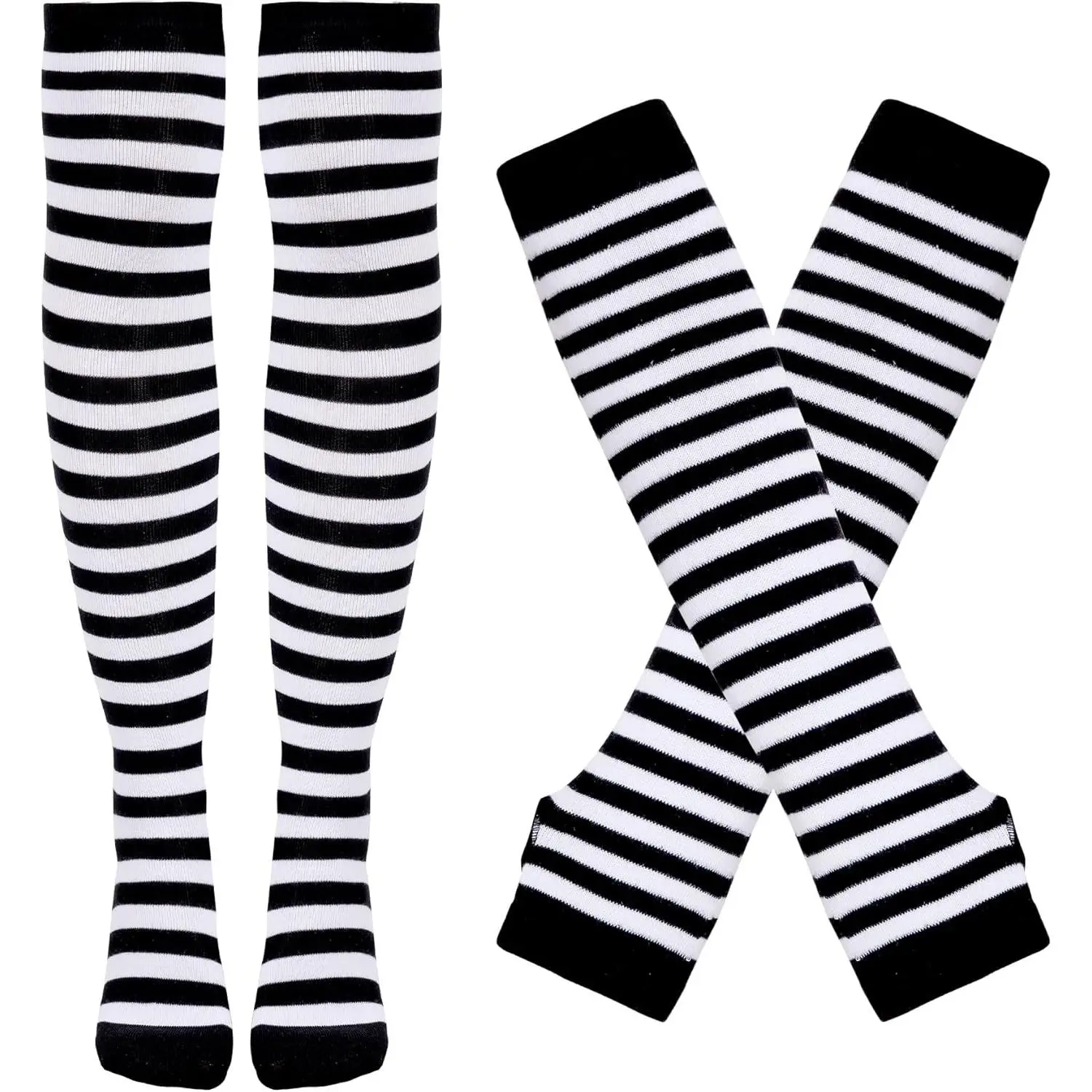 Women's Girls' Horizontal Striped 2-Piece Warmer Set - Soft Elastic Fabric Knee Socks, Over-The-Thigh Socks, Fingerless Gloves, Arm Sleeves for Birthday, Role Play Cosplay Accessories, Halloween, Horizontal Stripes, Flexible Fit, Casual, High Stretch, Two
