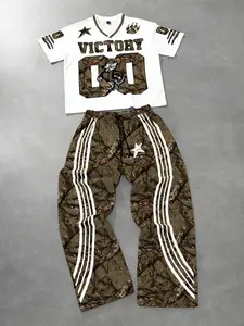 Men's Y2K Streetwear 2 Piece Camo Victory Football Set – Short Sleeve Jersey Top & Wide Leg Striped Pants, Camouflage Print Hip Hop Outfit, Baggy Trousers for Street Style, Casual Wear, and Summer Fashion