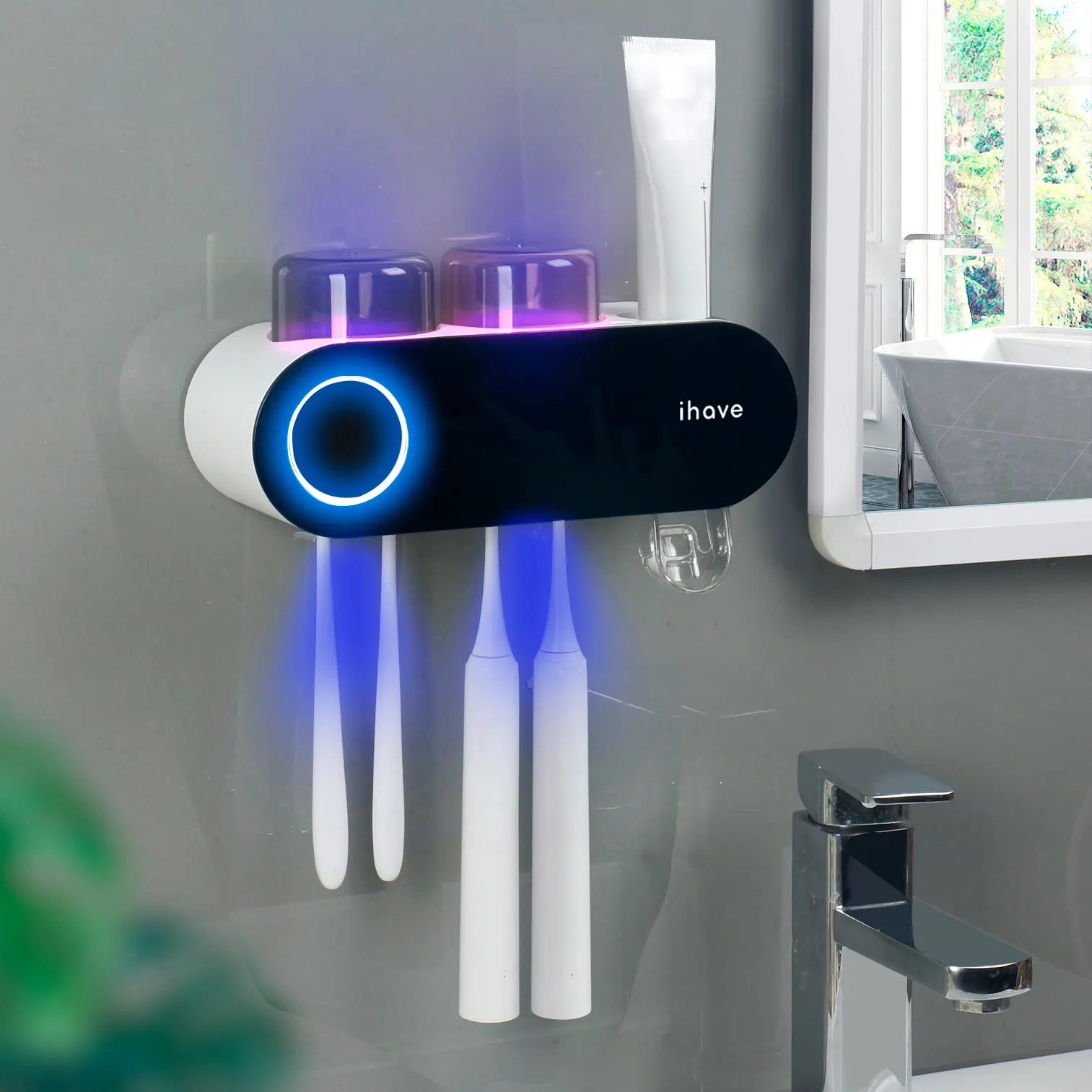 ihave Multifunctional UV Sanitizing Light Bathroom Toothbrush Holder Set - Wall-Mounted Bathroom Accessory with Magnetic Cups, Toothpaste Dispenser, Ideal Family Gift, Bathroom Accessories