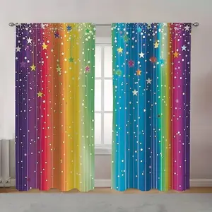 Rainbow Stars Print Curtains Set, Stylish Rod Pocket Window Drapes for Bedroom & Living Room, Comfortable Atmosphere, Easy Installation, Home Decoration Curtain