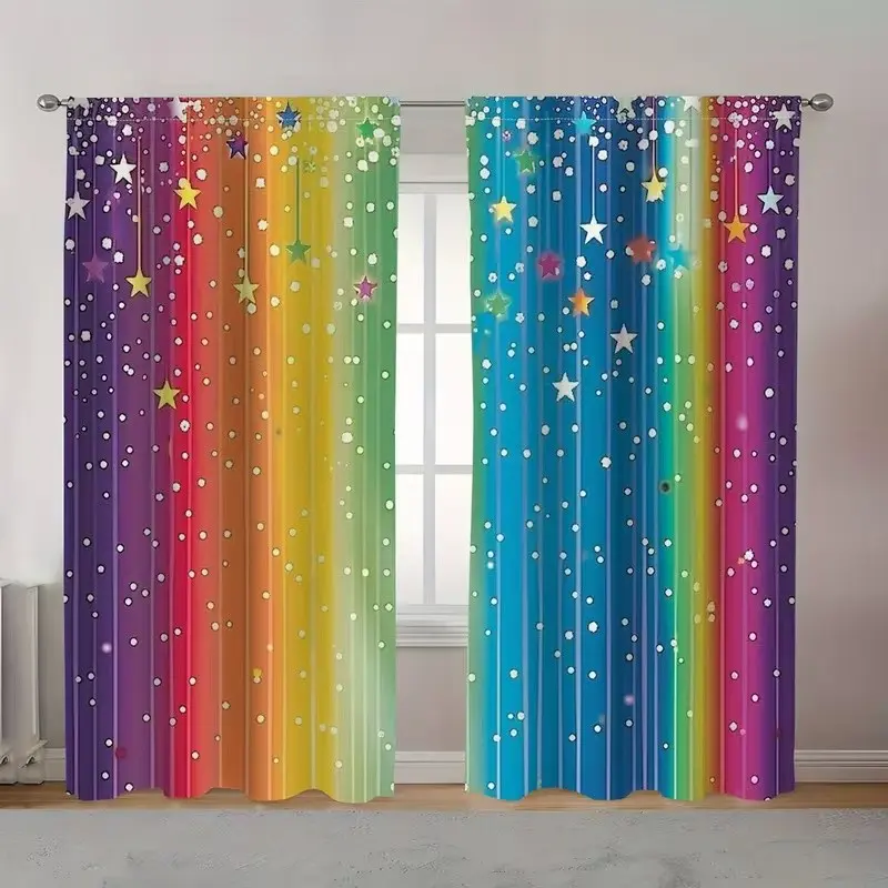 Rainbow Stars Print Curtains Set, Upgrade Curtain, Stylish Rod Pocket Window Drapes for Bedroom & Living Room, Comfortable Atmosphere, Easy Installation, Home Decoration Curtain, Interior Decoration Accessories, Home Decorative Curtain
