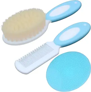 Baby Hair Brush &Silicone Baby Cradle Cap Brush Set, for Newborns & Toddlers-Natural Soft Goat Bristles-Ideal for Cradle Cap-Perfect Baby Registry Gift (Blue)
