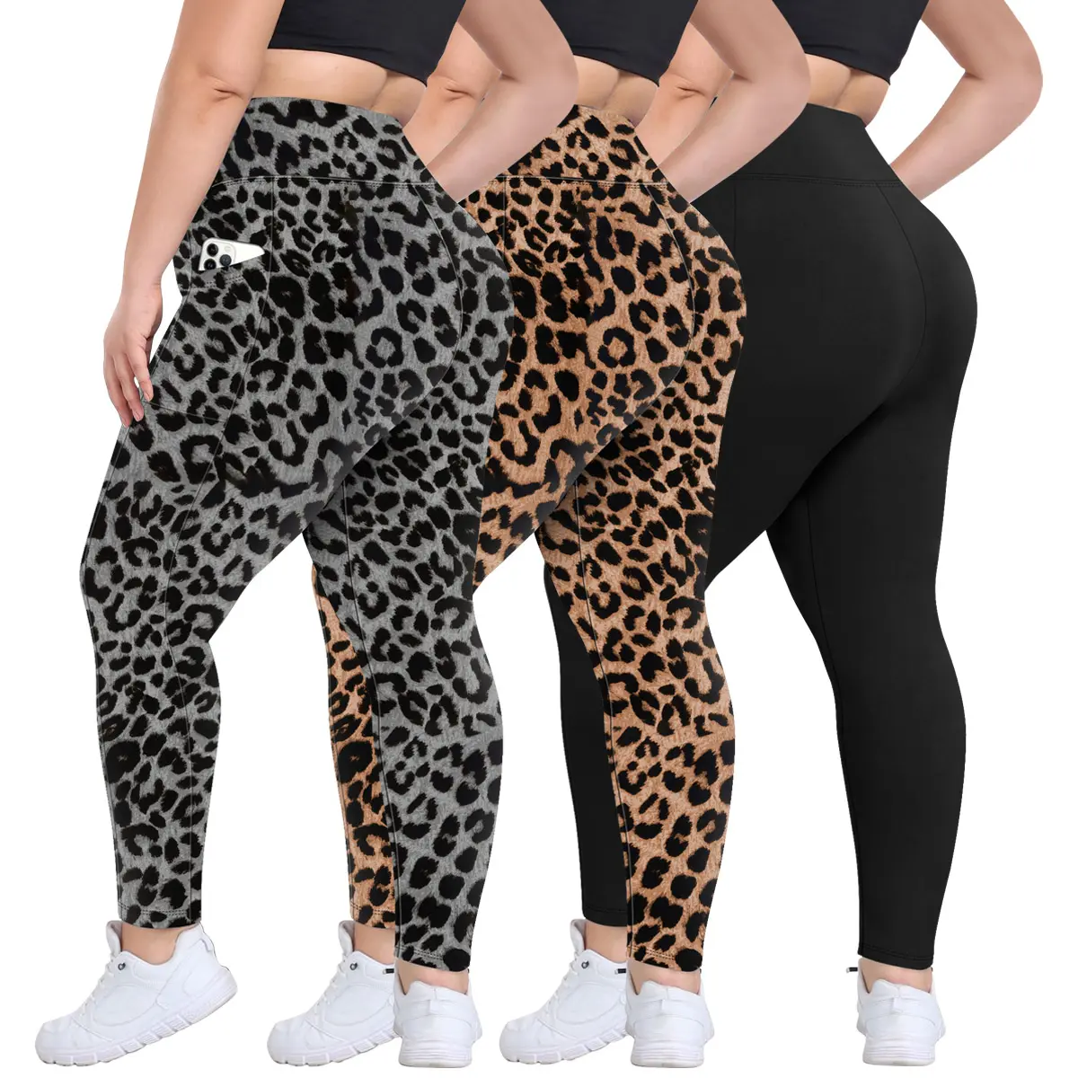 Women's Plus Size Leggings 3-Pack, Soft Stretchy High Waist Activewear with Tummy Control and Deep Pockets, Curvy Fit for Workouts, High Waist Compression, Activewear Fitness