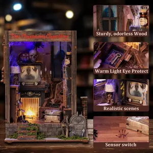 Book Nook Kit,DIY 3D Wooden Miniature Dollhouse Kit Gifts for Adults,The Phantom Chamber Haunted House Booknook with LED Light