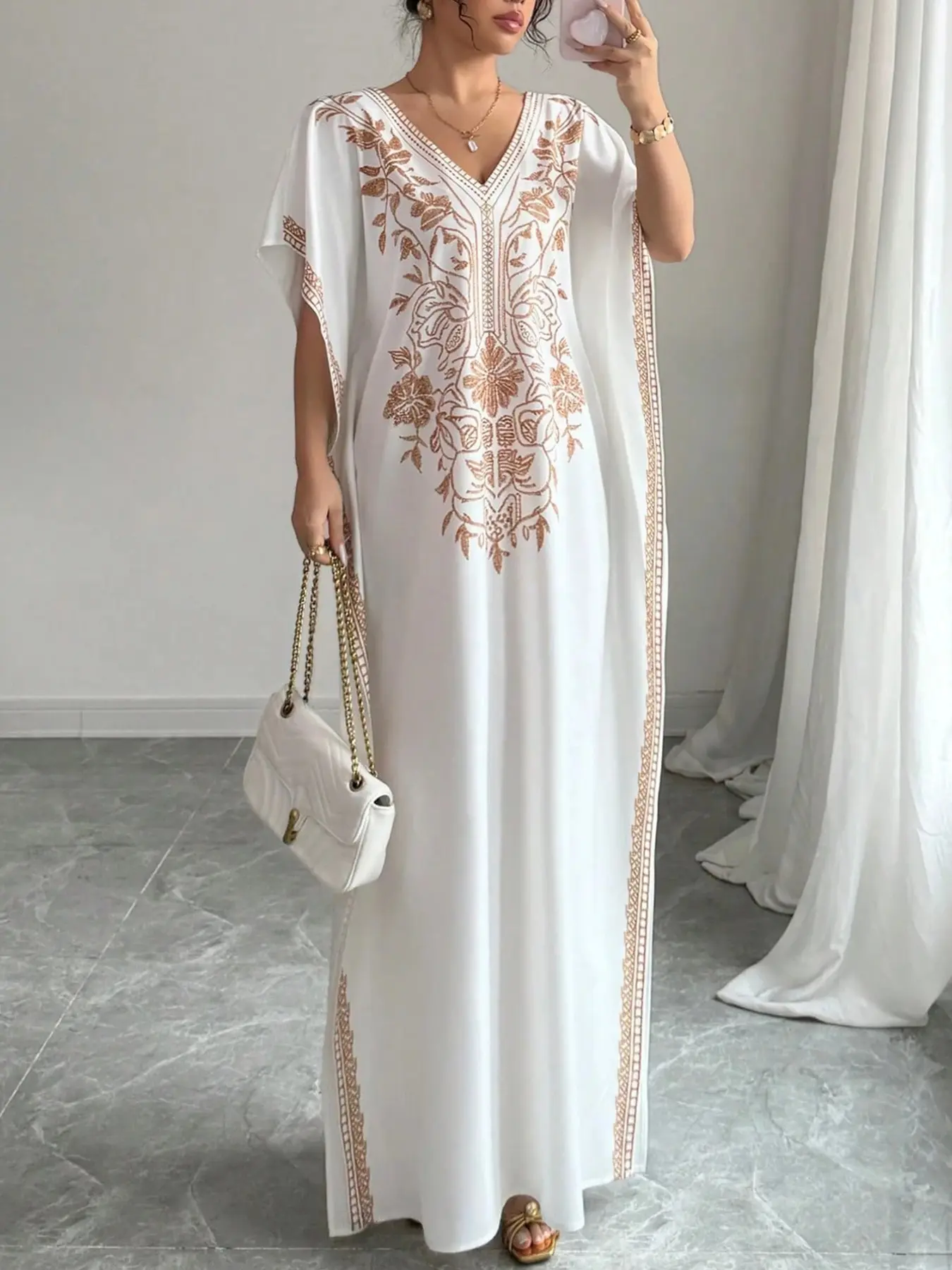 Women's Casual V-Neck Batwing Sleeve Dress, Bohemian Aesthetic Ethnic Pattern Loose-Fit Long Dress for Beach Vacation and Daily Home Wear