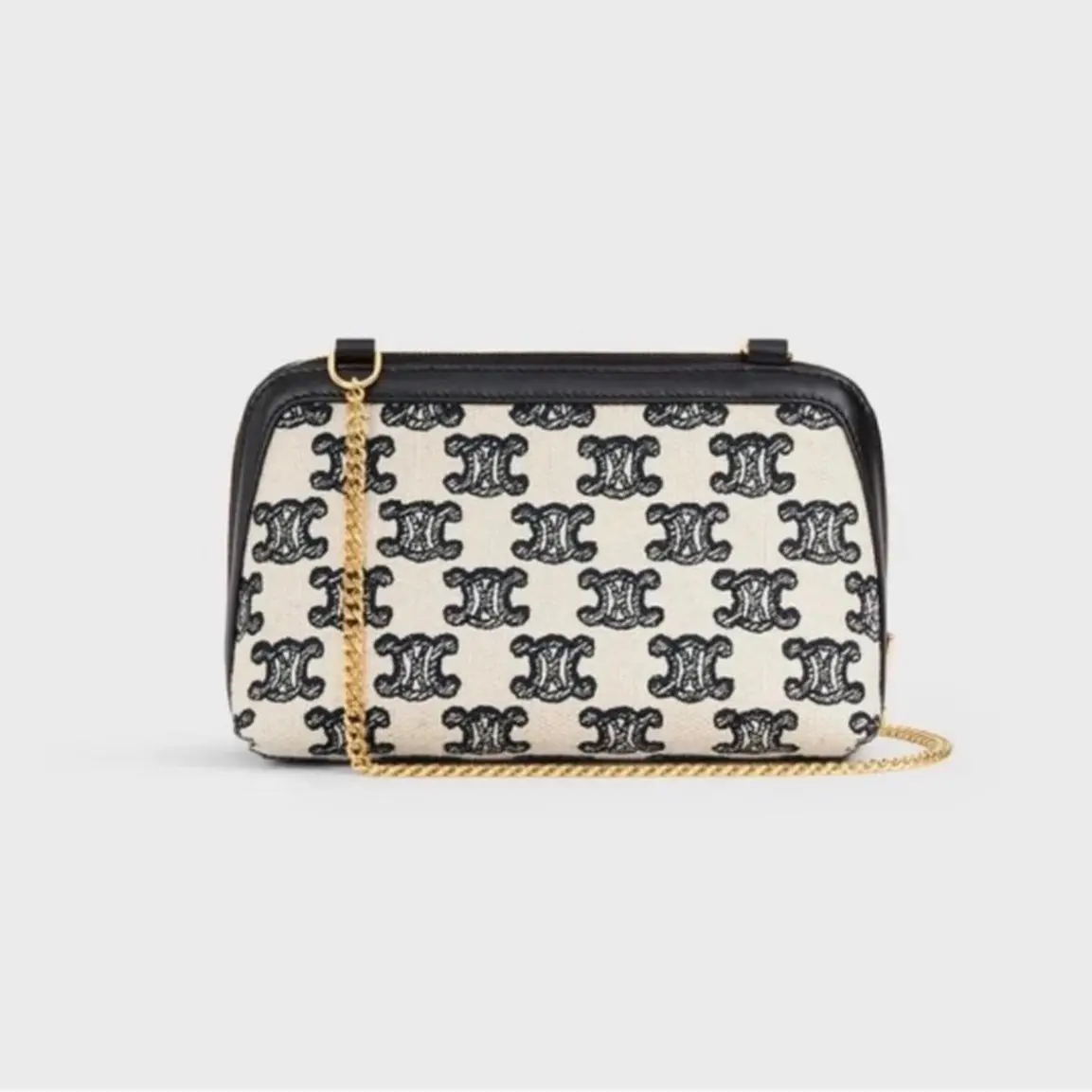 Pre-owned Celine Triomphe Black White Canvas Chain Pouch Bag 2605219