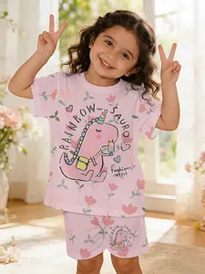 Rainbow Dinosaur Sweetheart Sauce Baby Girl's Set, Digital Printing 100% Polyester Baby Short-sleeve Set, Cute Baby Girl's Casual Clothing, Suitable for Daily and Outdoor Sports T-shirts, Perfect Gift for Babies