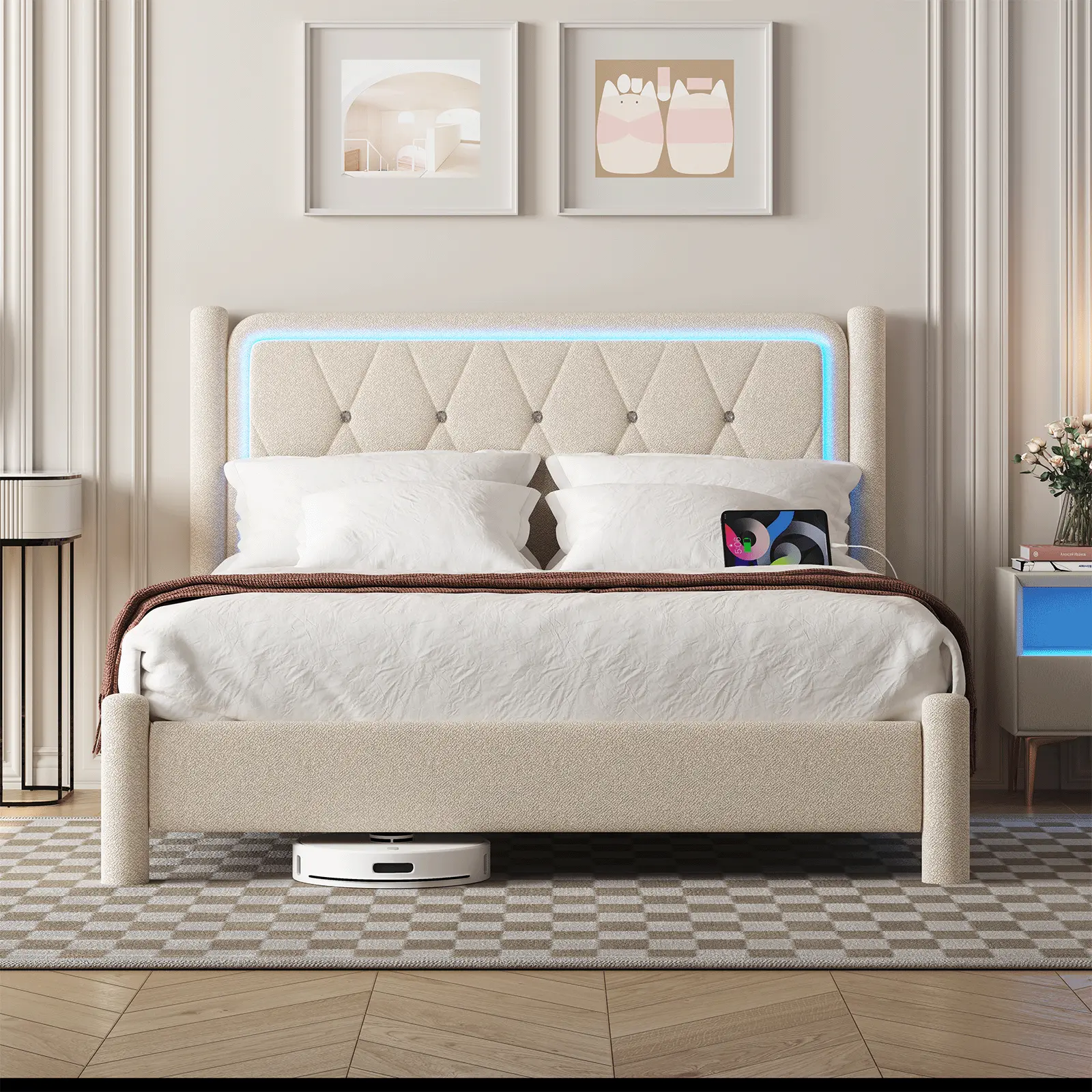 CollaredEagle Modern Linen Fabric Upholstered Platform Bed Frame - Dual-Style Built-in Outlets Headboard, Colorful LED Lighting, Wooden Slat Support, No Spring Mattress Needed (Twin/Full Size) | Indoor Furniture, Bed Frames & Headboards, Led Bed Frame