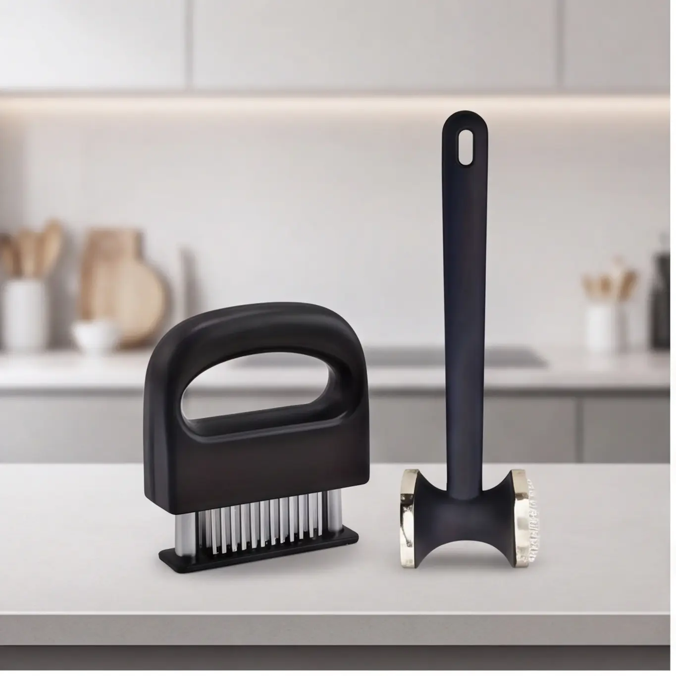 Meat & Poultry Tenderizer and Mallet Utensil Set - Black Handle, Durable Kitchen Essential for Cooking