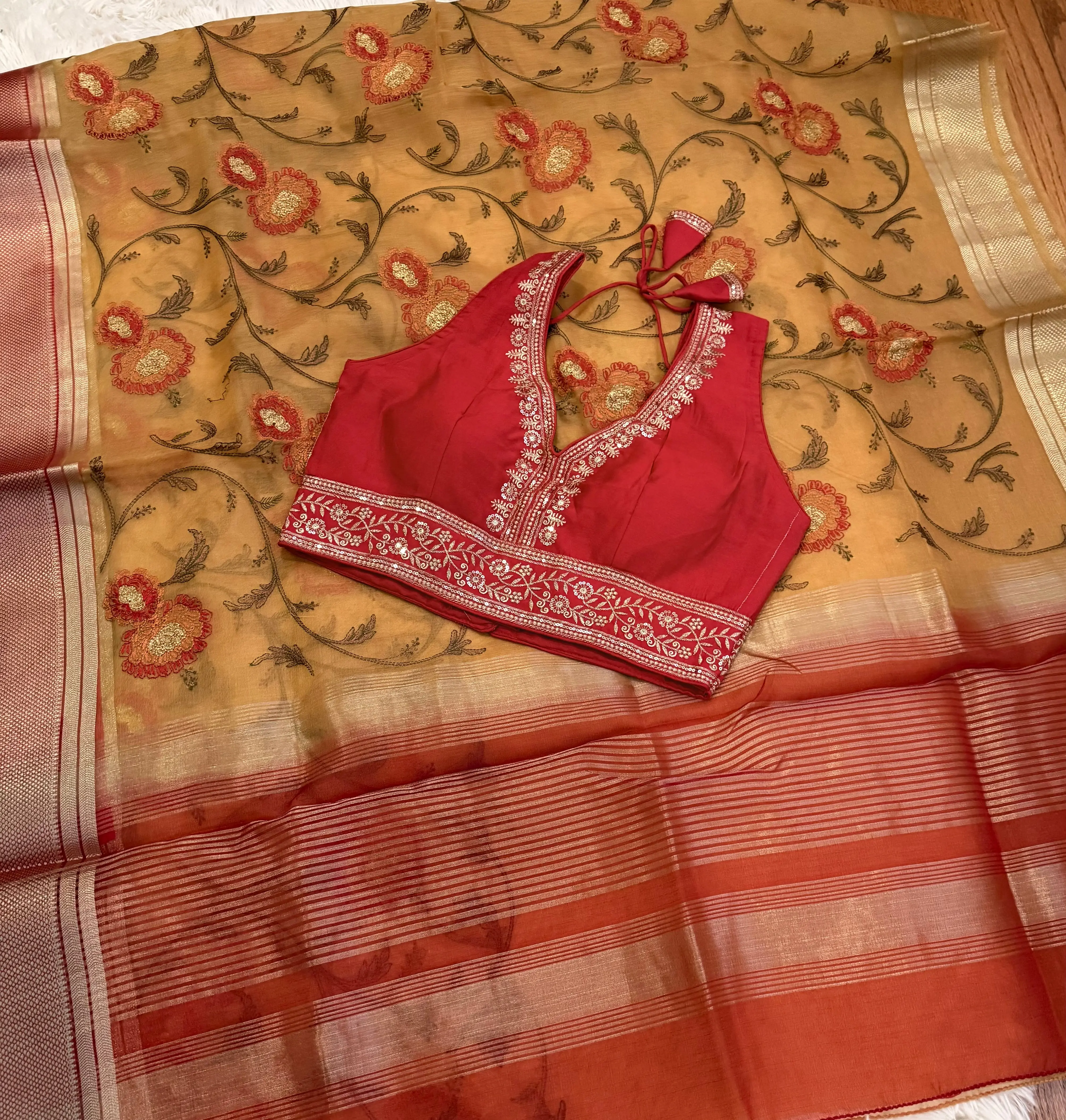 Elegant Cotton Saree for Women in Mustard | Floral Embroidered for Casual Day Wear with Contrast Red Zari Border & Stitched Blouse, Embroidery, Breathable, Ethnic, Traditional, Golden, Costumes, Fabric, Breathable Cotton, Festive, Saree Set, Dori Detail C