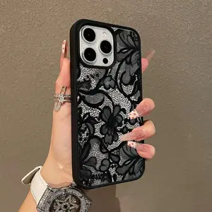 Adorable Magnetic Case,phone Case Suitable for Iphone 11/12/13/14/15/16/17 Pro Promax Plus Air,Black Lace Pattern, Lightweight, Anti-Fall | Girly & Chic Style, Aesthetic, Cover