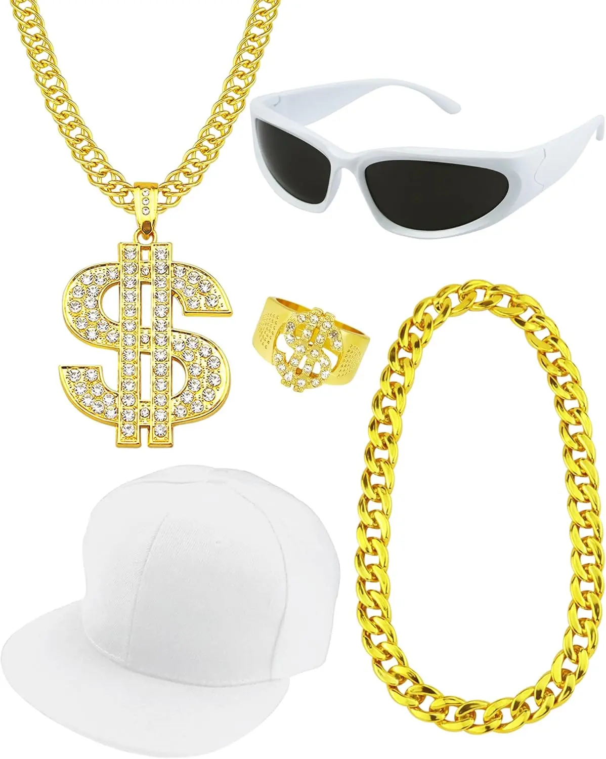 5 Pack  Hop Costume Kit Rapper Accessories 2000s 80s 90s Outfit   Chain Sunglasses Ring Hat for Rapper