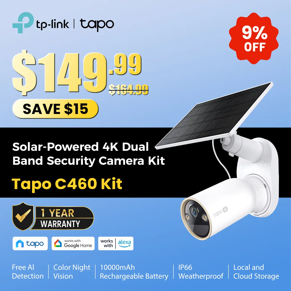 TP-Link & Tapo C460 Kit 4K 8MP Outdoor Solar-Powered  Security Camera Kit – 24/7 Capture, Free Person/Vehicle Detection, Starlight Color Night Vision, Alexa & Google Compatible