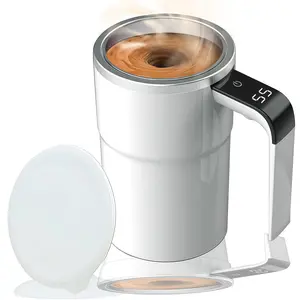 Rechargeable Self-Stirring Coffee Mug, Auto Magnetic Mixing, Temperature Display, 304 Stainless Steel, Double-Wall Insulated, Leak-Proof Travel Cup with Lid for Coffee, Milk, Protein Shakes