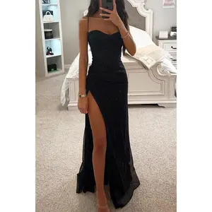 Robe Longue Fendue À Corset En Satin Pour Femme - Robe De Soirée Élégante Automnale