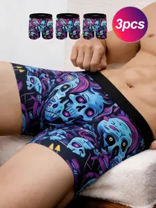 3-Pack Men's Skull Graffiti Print Briefs, Street Punk Style Stretchy Breathable Boxer Shorts, Loose-Fit Casual Underwear for All Seasons