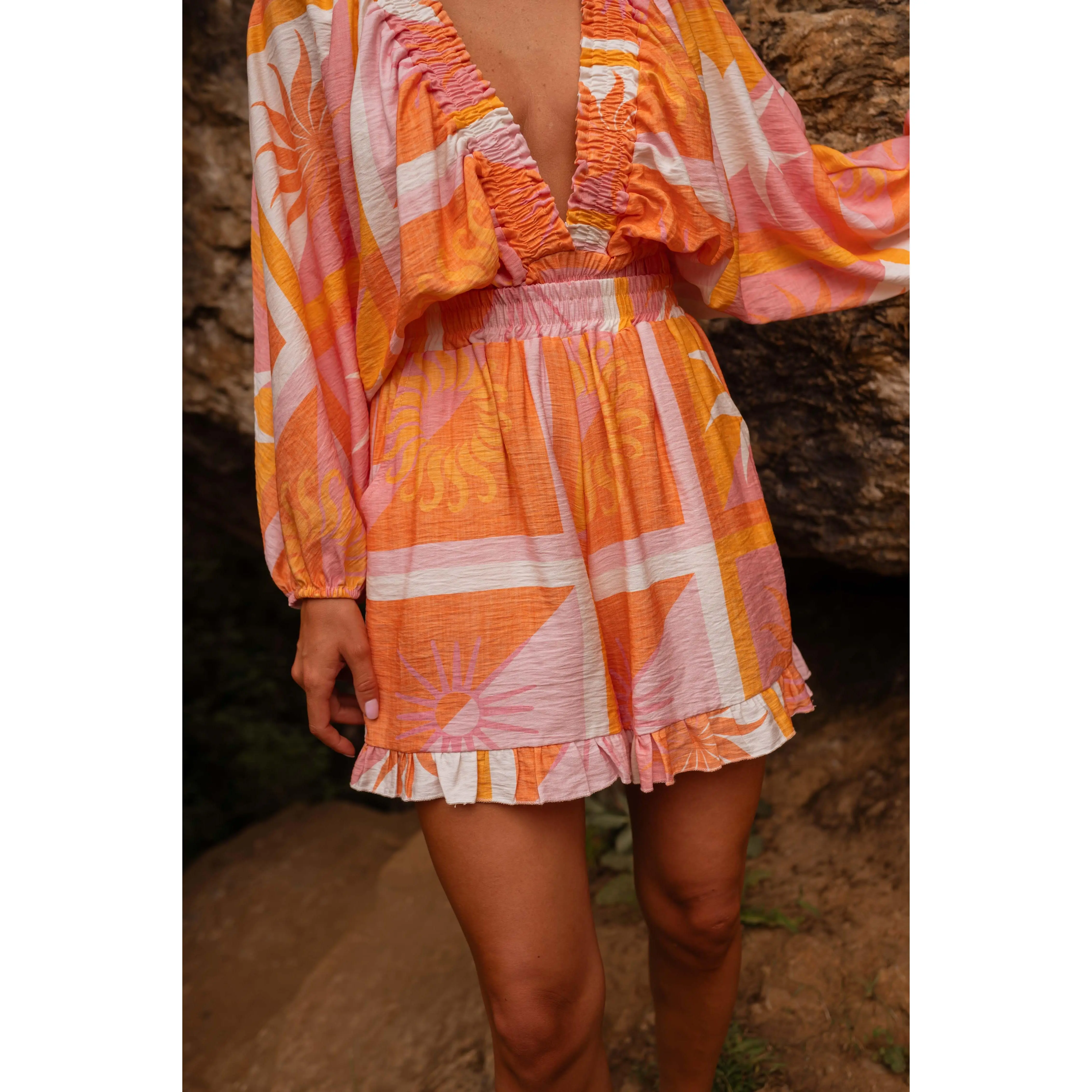 EASY CLOTHES Women's Orange Patterned Ivanka Shorts, Nylon Lightweight Bottoms with Ruffle Accents for Blouse Pairing