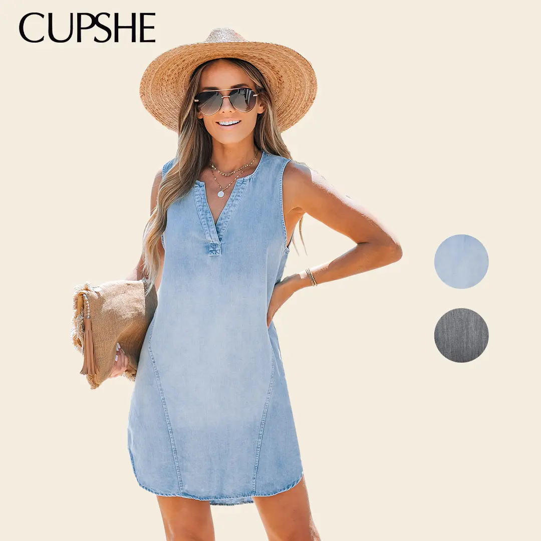 Cupshe Women's 100% Cotton Woven V-Neck Sleeveless A-Line Denim Dress - Imported Closed Back Summer Casual Mini Outfit for Weekend Brunches, Birthday Events, Denim Dresses, Basic