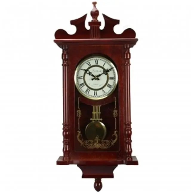 212 MAIN Bedford Line Classic Redwood Oak 25 in. Analog Mechanical Circular Shape Wall Clock - Decorative Home Decor, Roman Numerals Dial, Pendulum, Multiple Chime Modes, 4 AA Battery-Operated, Crown Molding Style, Oak & Plastic Accents, 4 Aa Batteries